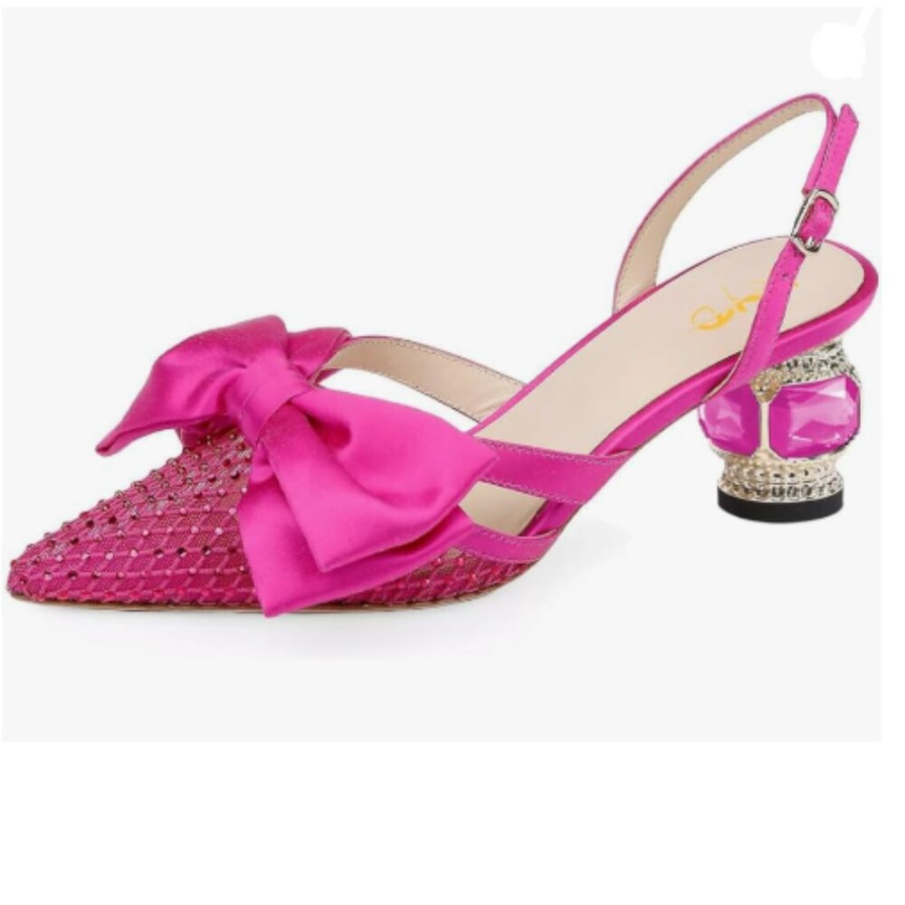XYD Pink Pointed Toe Slingback Wedding Pumps Bows Mesh Crystal Low Heel Sandals